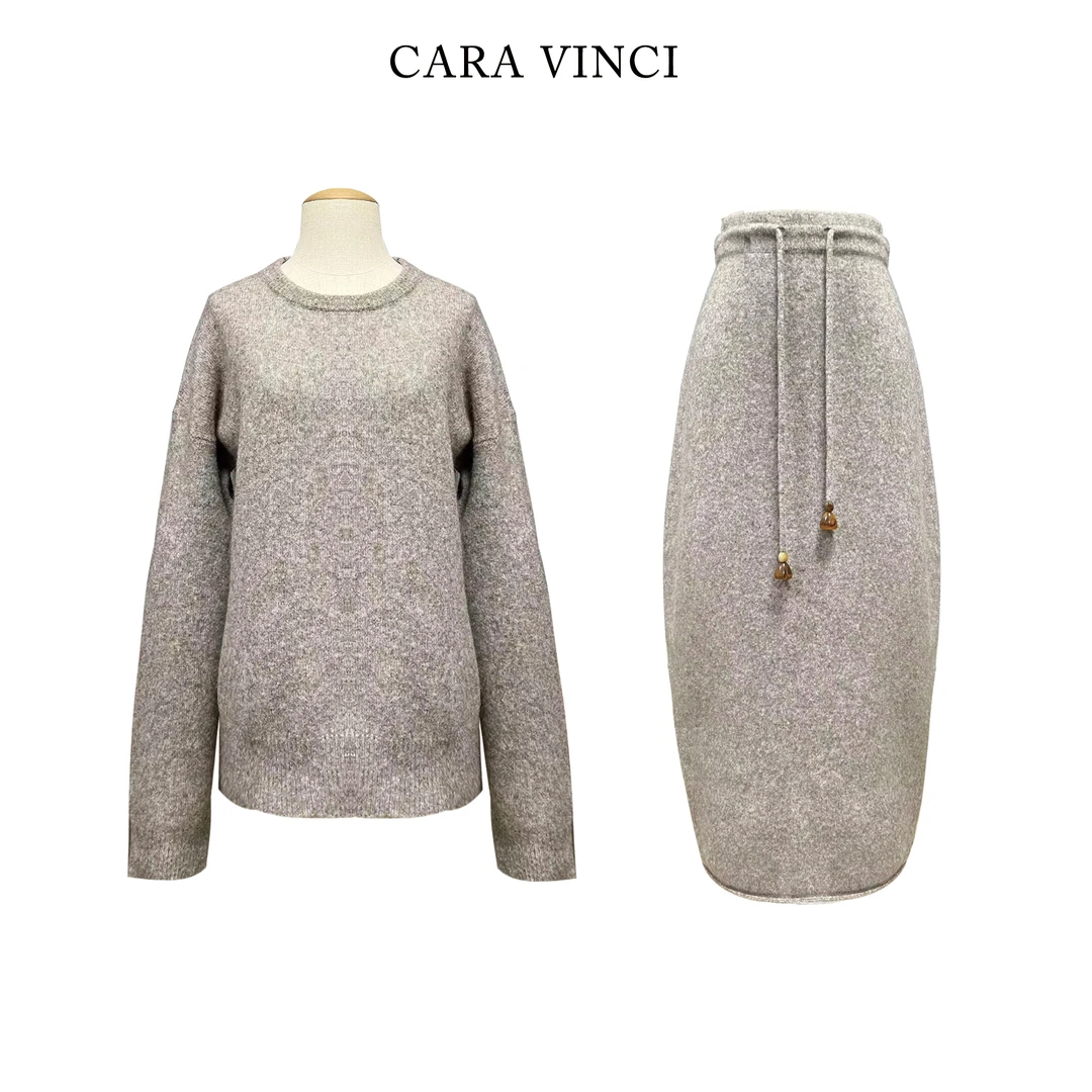 CARA原创 绵羊毛牦牛绒高级感时尚圆领套头花苞半身裙秋冬套装