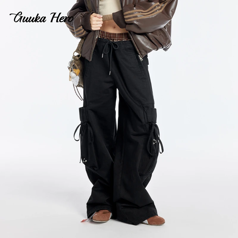 GUUKA HERO黑色双腰头假两件工装裤美式多口袋格纹拼接长裤X60962