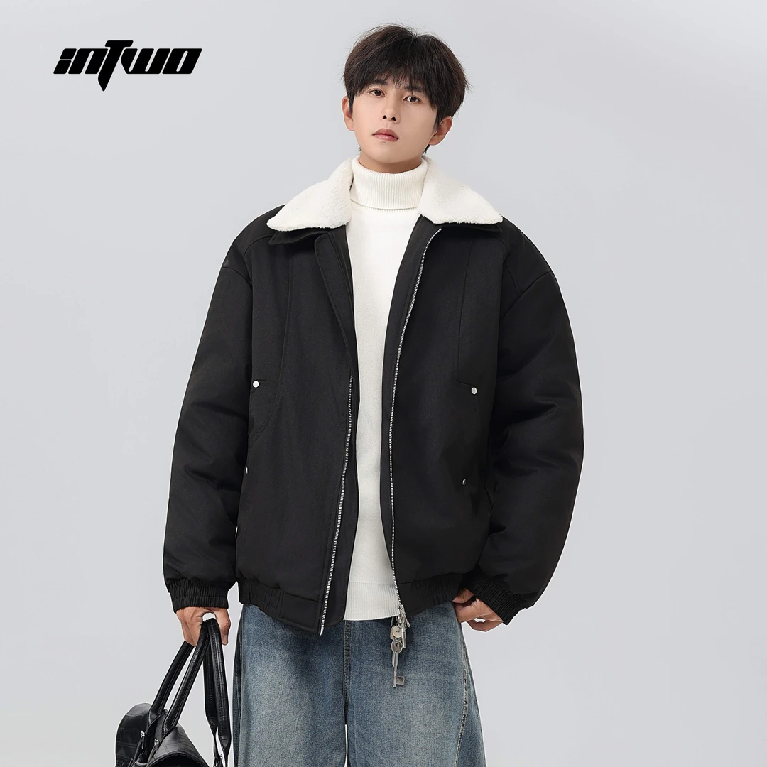 IN TWO/硬涂美式cleanfit保暖羊羔绒翻领加厚棉衣男女同款棉服