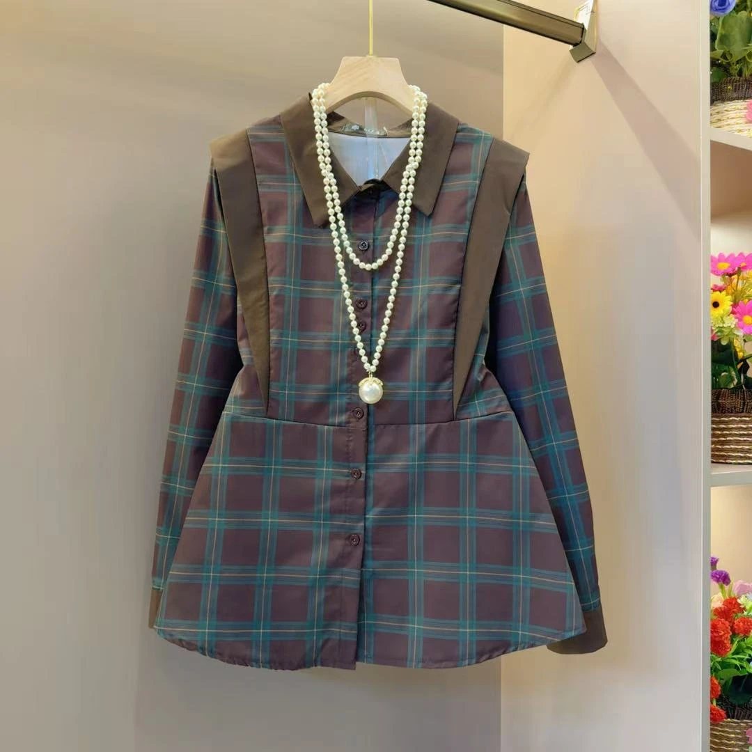 韩系时髦气质拼色简约格子衫衣长68左右长袖衬衫