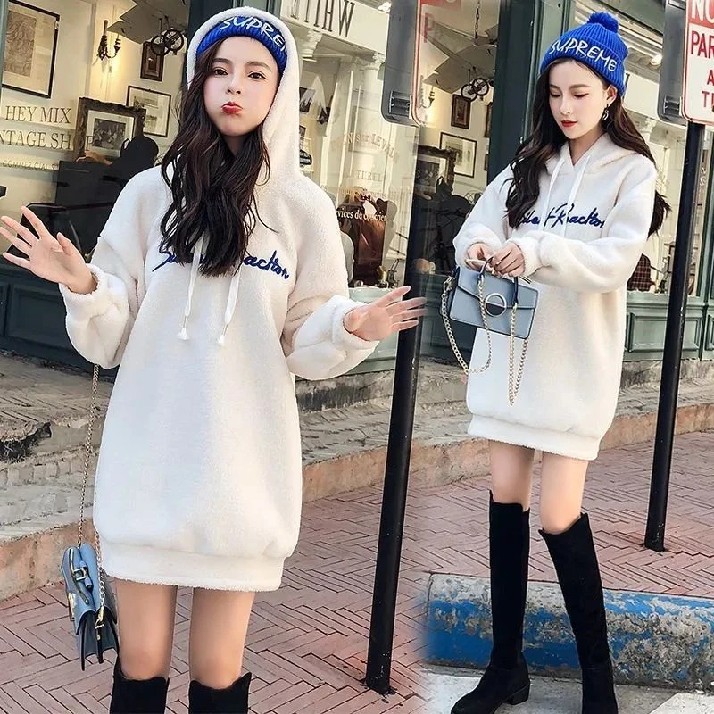 宽松型仿羊羔毛绒卫衣女连帽2025新款加厚加绒中长款韩版宽松长袖