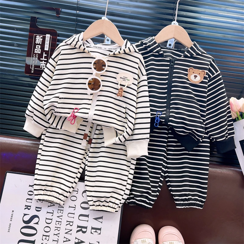宝宝连帽套装外套裤子可开档春款男女宝宝上衣条纹两件套时尚潮