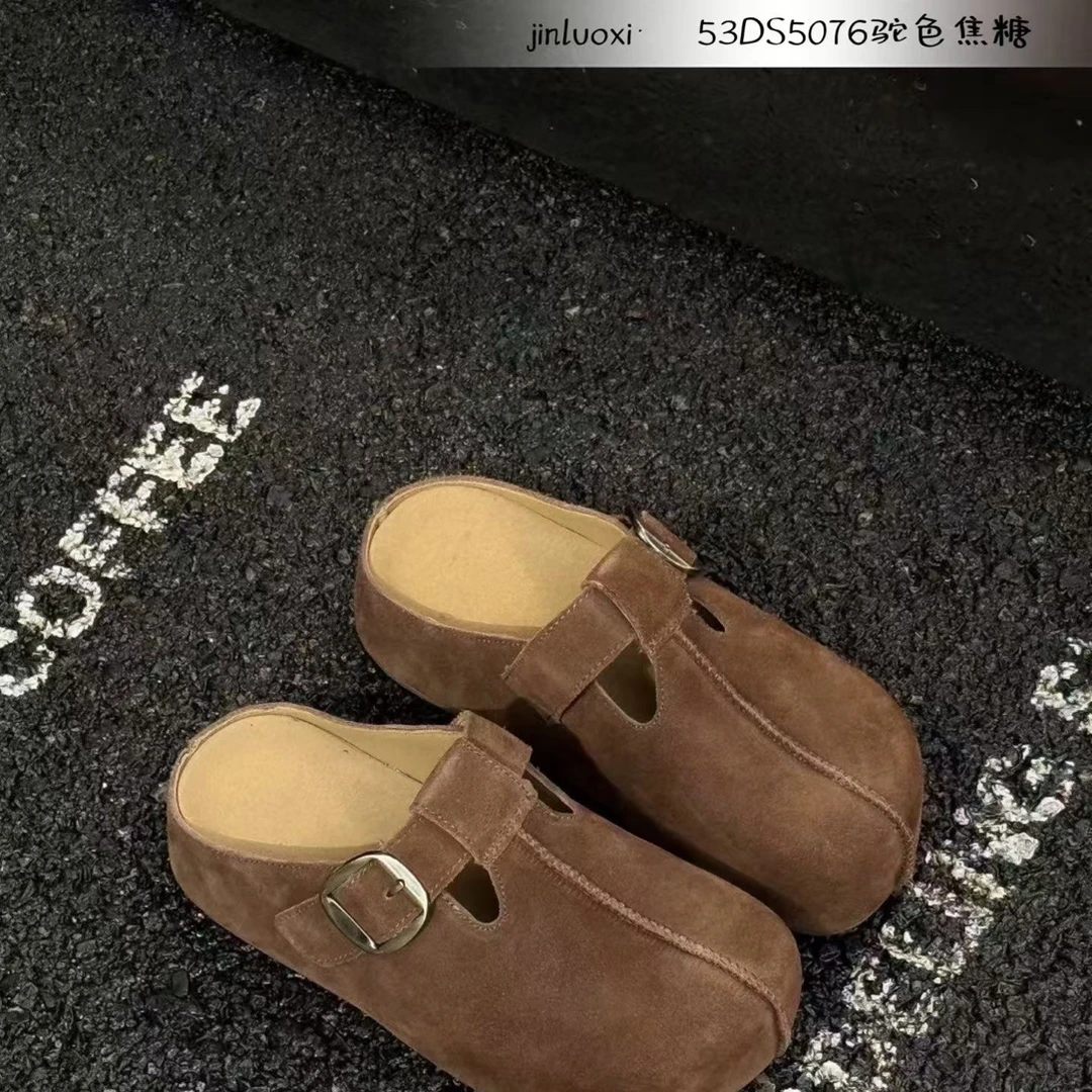 日系真皮内增高勃肯鞋女2025秋新款皮带扣面包鞋玛丽珍穆勒鞋半拖