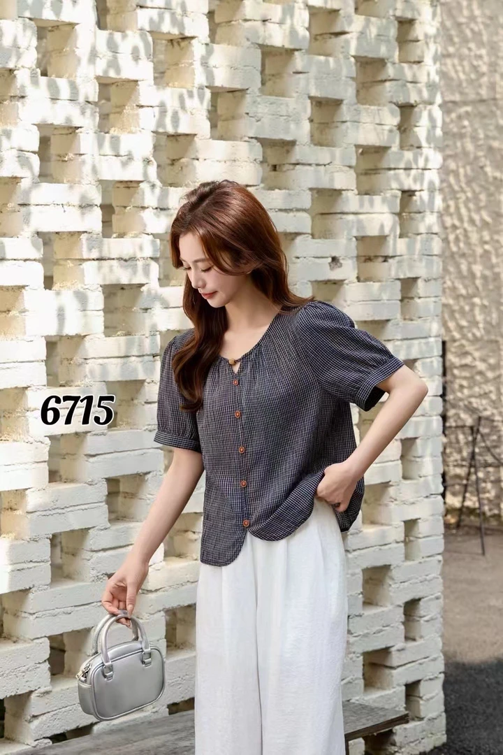 藏青色格子衬衫小个子圆领短袖女2025夏季新款洋气小衫减龄上衣