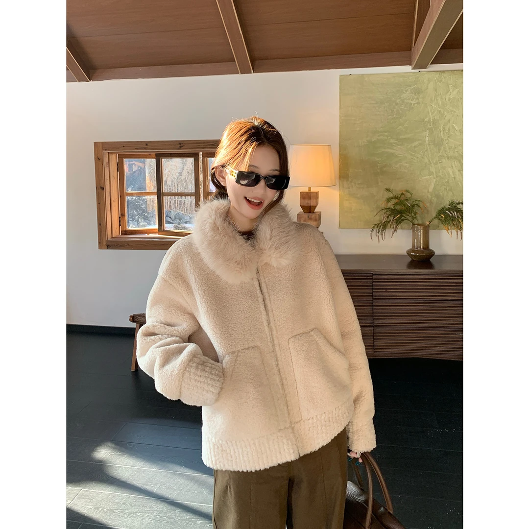 复古毛领羊羔毛长袖外套女2025秋冬新款加厚保暖百搭拉链夹克开衫