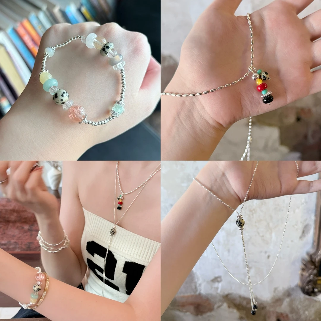 hucares「小石堆」原创超可爱套装长项链毛衣链水晶手串耳环