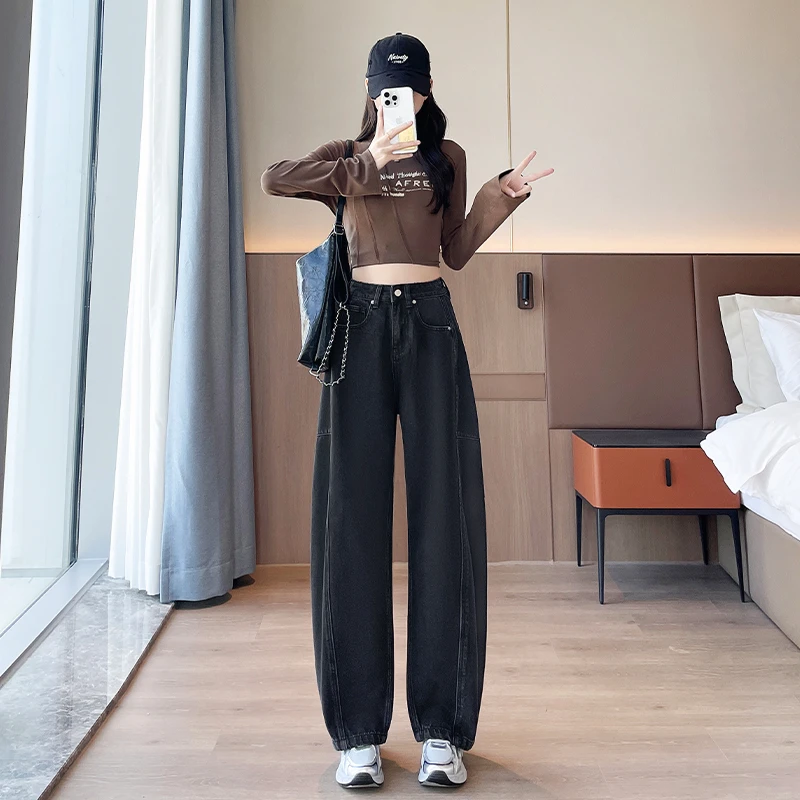 黑灰色弯刀牛仔裤女秋季2025年新款宽松时尚酷飒哈伦高街直筒裤子