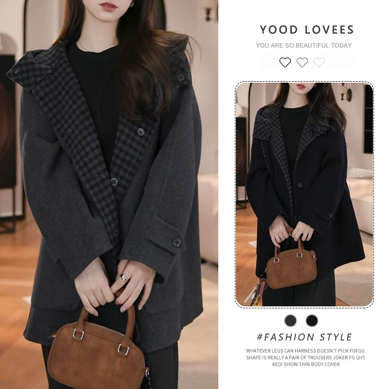 复古高级感撞色拼接格纹气质短外套2025冬季新款韩系减龄时尚大衣