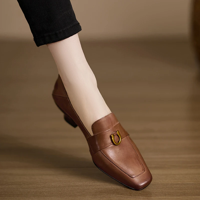 小个子增高4.5cm~英伦风小皮鞋方头一脚蹬乐福鞋复古通勤粗跟单鞋