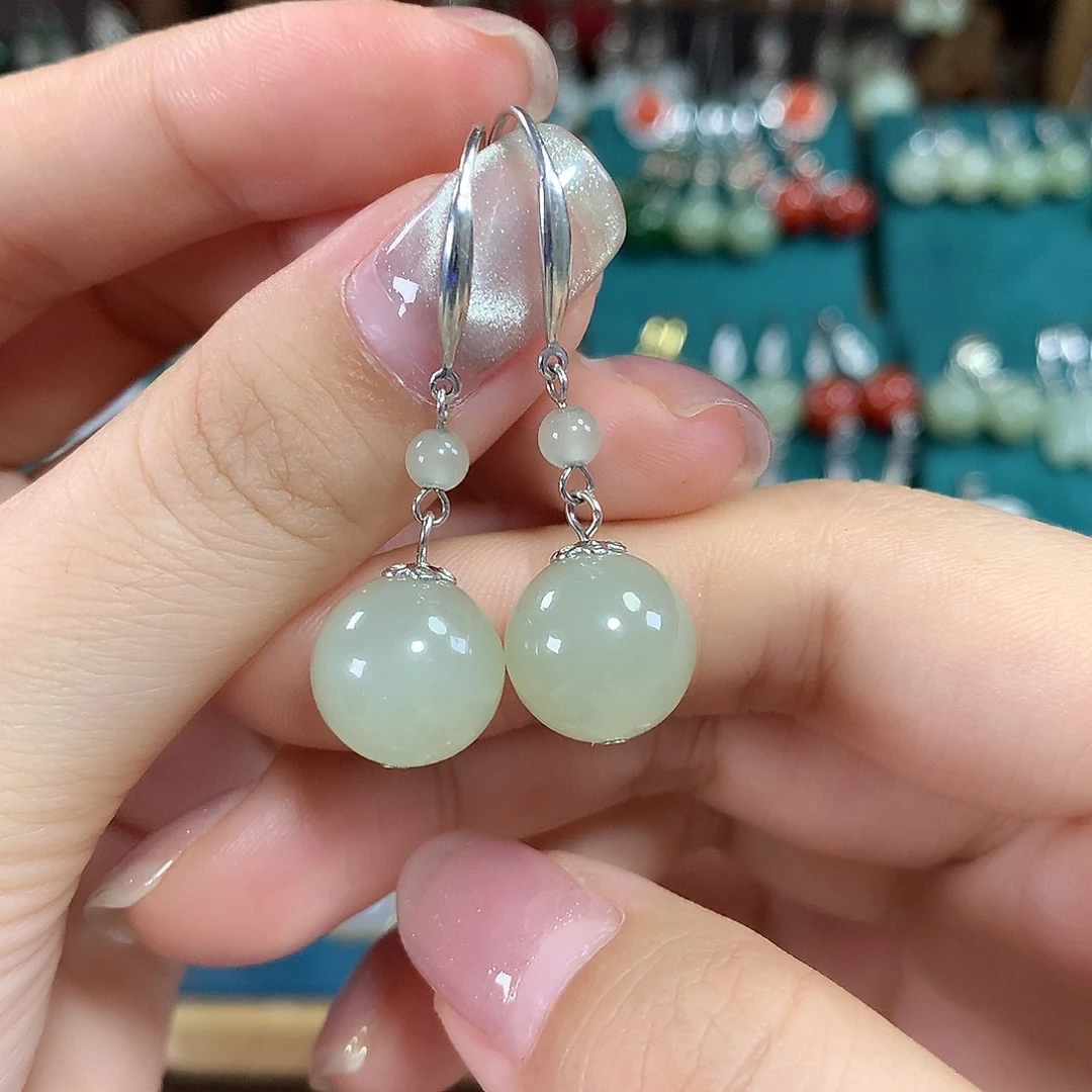 和田玉银S925镶嵌耳饰感*天然卡12mm左右（冰晴水）