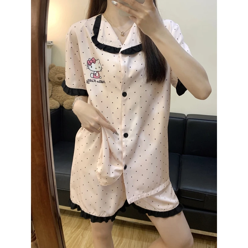 夏季睡衣女冰丝短袖薄款粉色波点HelloKitty蕾丝爆款夏天家居服