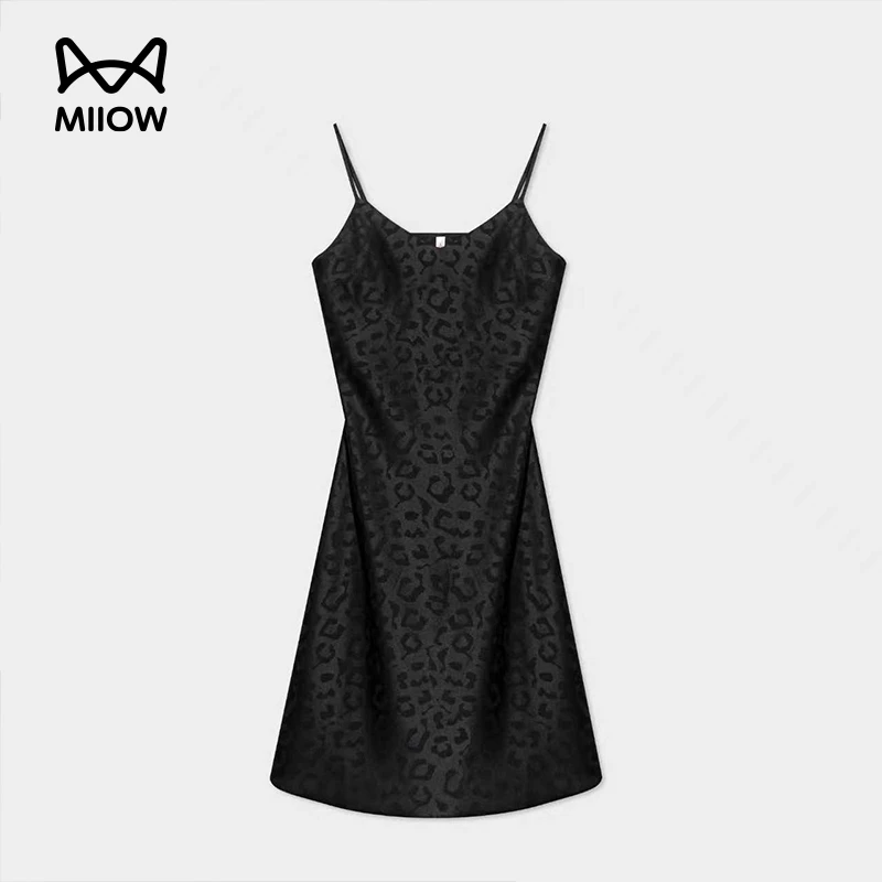 MiiOW/猫人2025秋冬新款黑色豹纹吊带睡衣睡裙