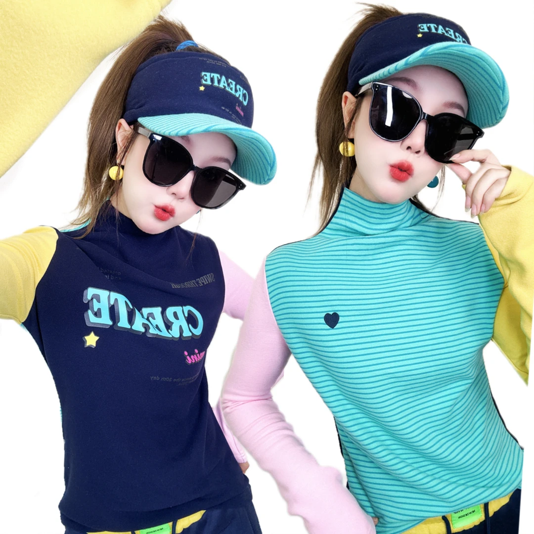 A486网红洋气炸街女装百搭多巴胺服装女加厚半高领打底T恤两面穿