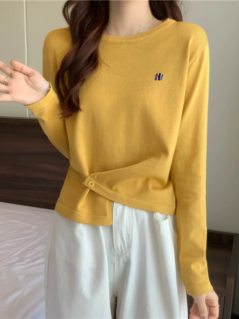 休闲上衣不规则系扣圆领打底衫长袖t恤女春秋韩版设计感小众百搭