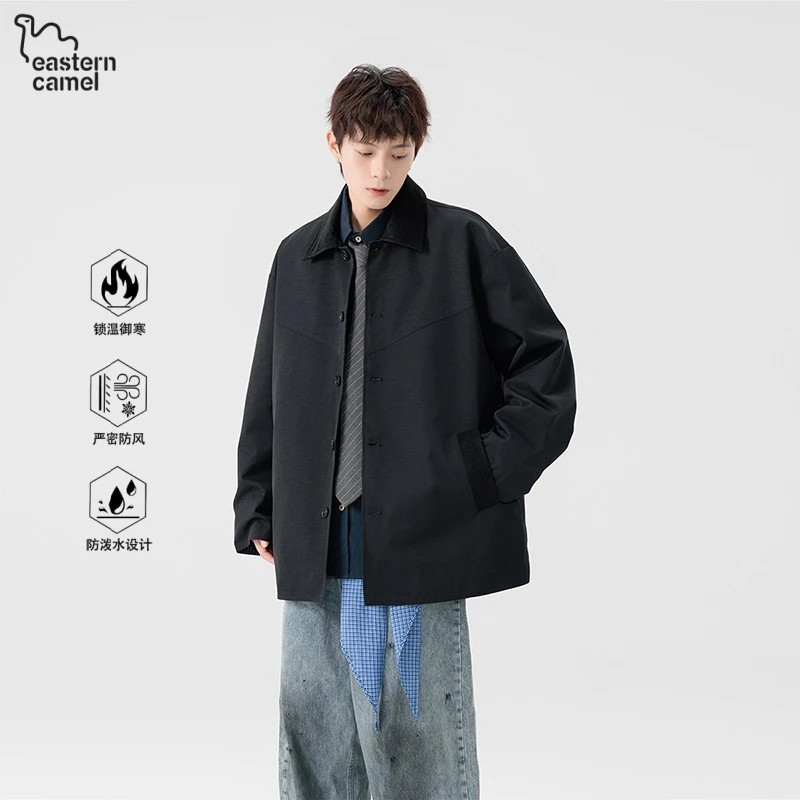东方骆驼中长款风衣男士秋季2025新款潮流撞色拼接翻领夹克外套男