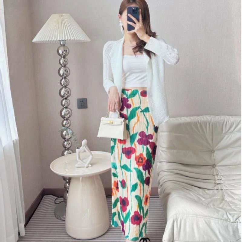 【褶二喜】气质三宅风小众设计感褶皱裙夏高腰复古显瘦开叉裙半身裙