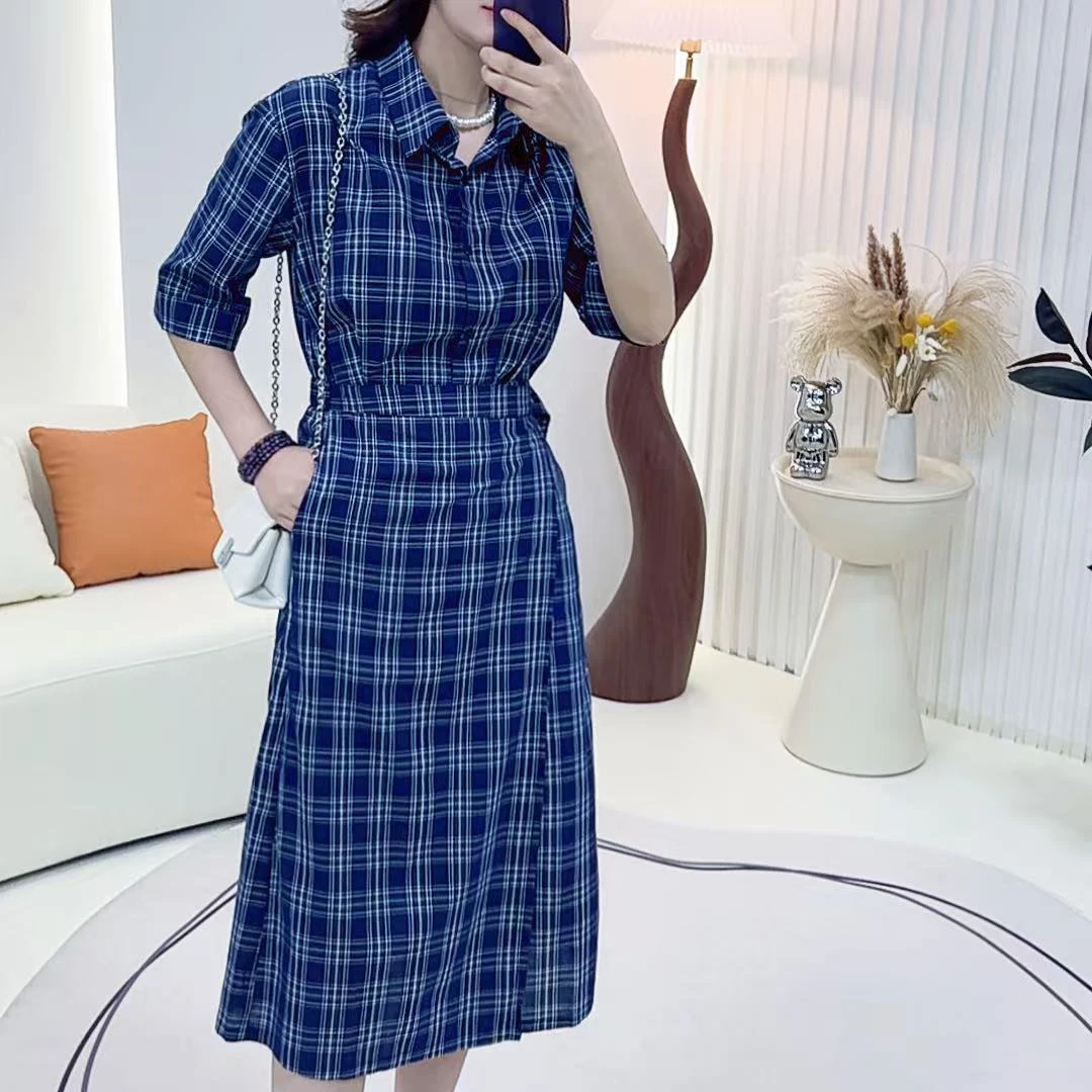 复古格子印花女装中裙长裙春季连衣裙挂脖式格纹蓝色