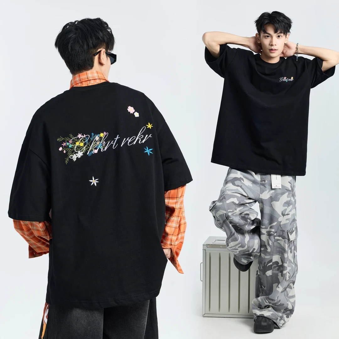 夏季花卉万针刺绣短袖上衣男重磅圆领潮牌五分袖T恤凉感透气体恤