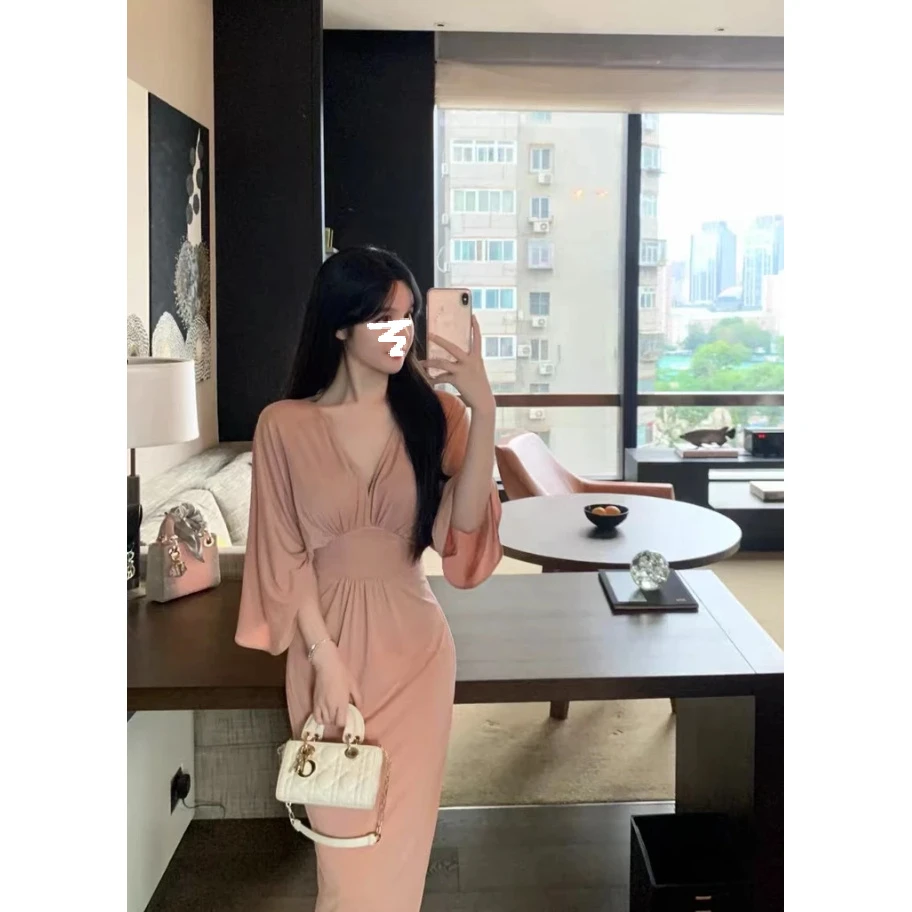 法式优雅粉色褶皱长裙女气质性感v领中长款连衣裙一步裙3247#