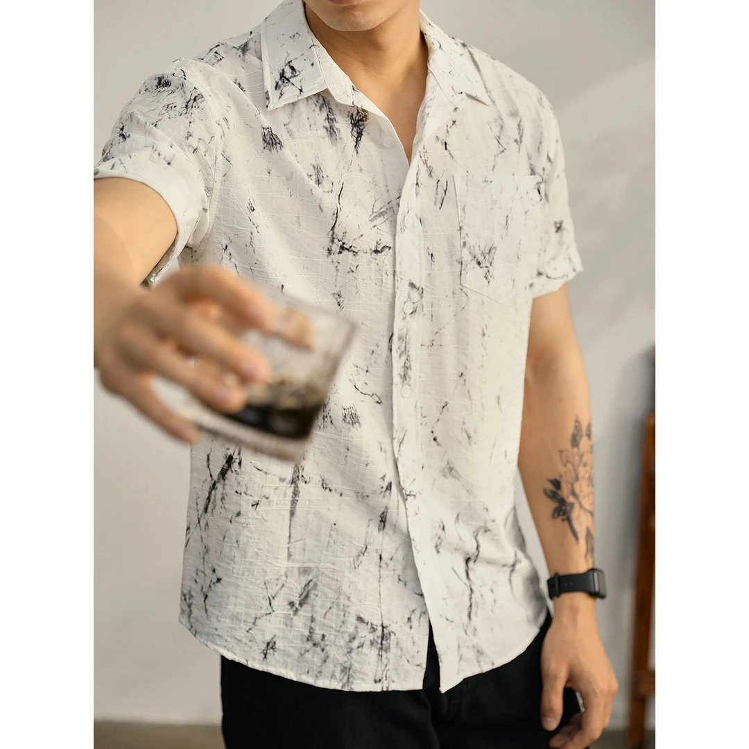 奥兰德保罗潮流痞帅休闲短袖衬衫男泼墨印花翻领纹理感单穿薄衬衣