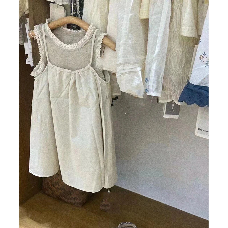 【Y-M】女童法式连衣裙夏装洋气儿童杏色花边吊带裙纯棉背心裙