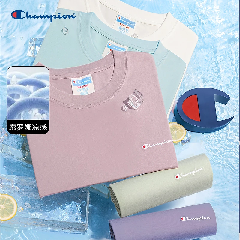 Champion刺绣草写logo短袖T恤2025夏季新款凉感透气舒适圆领半袖