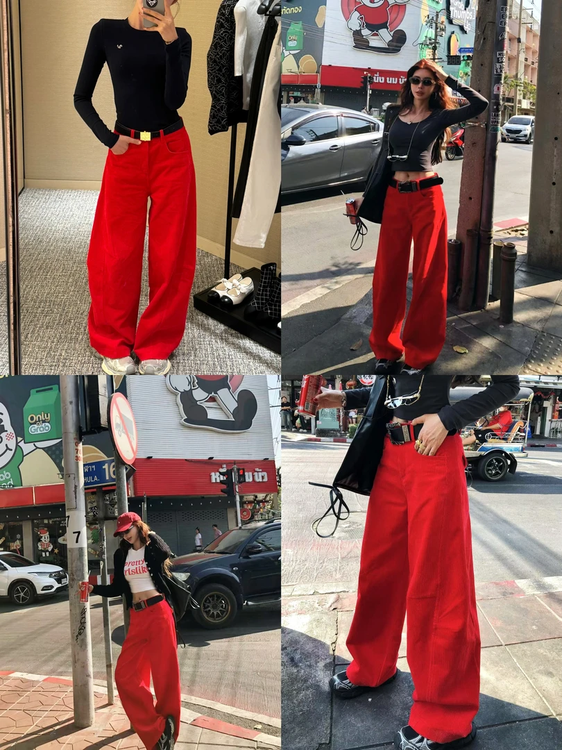 婉君【时髦红】早春设计感灯芯绒垂直阔腿百搭休闲裤LWJ25A1K036