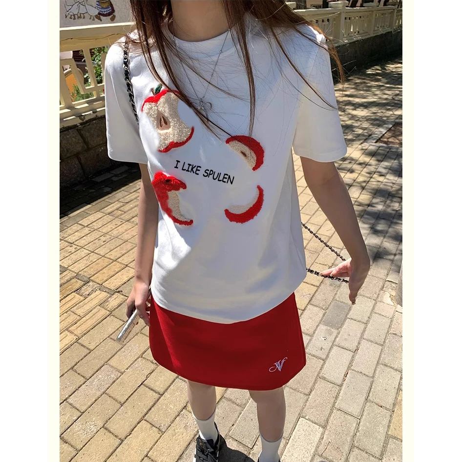 韩系慵懒风夏装短袖t恤苹果刺绣小众休闲百搭显瘦设计感上衣