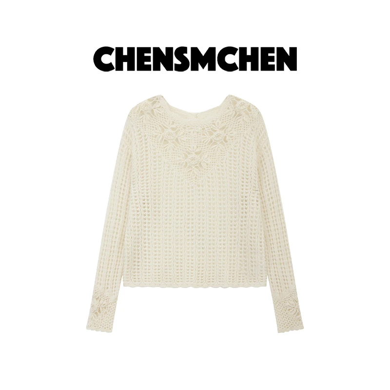 CHENSMCHEN 绵羊毛纯色时尚镂空针织衫女百搭显瘦上衣CSZ7162SL
