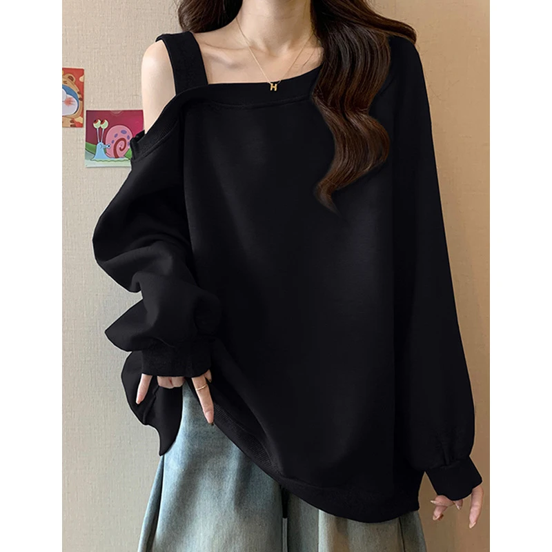 大码遮肚子慵懒风露肩长袖卫衣女春秋胖妹妹宽松显瘦别致斜肩上衣