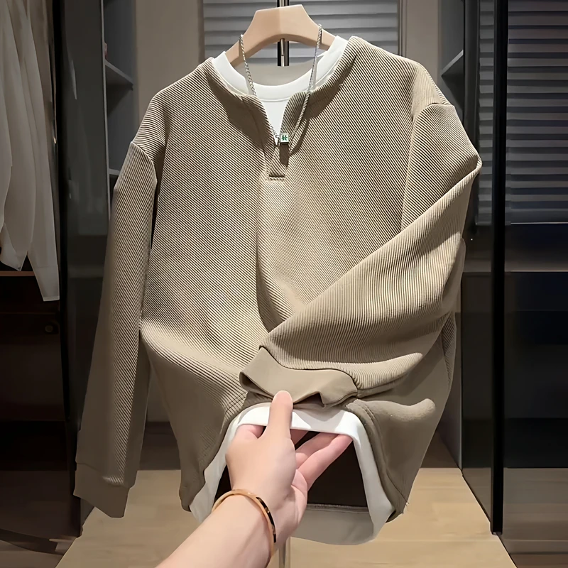 秋季新款潮牌假两件V领卫衣男士高级感轻奢时尚宽松百搭休闲上衣