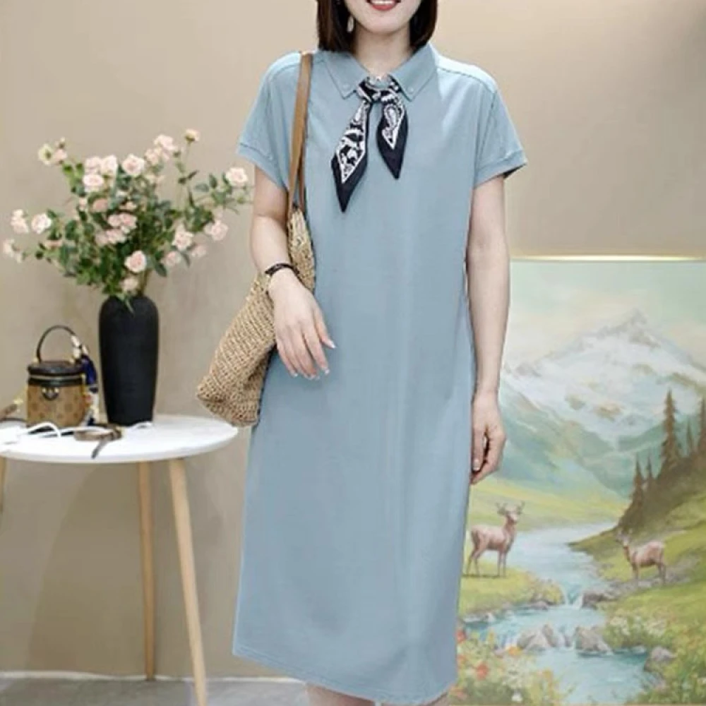 夏季新款纯色翻领系带丝巾中长款连衣裙女时尚韩版气质裙子