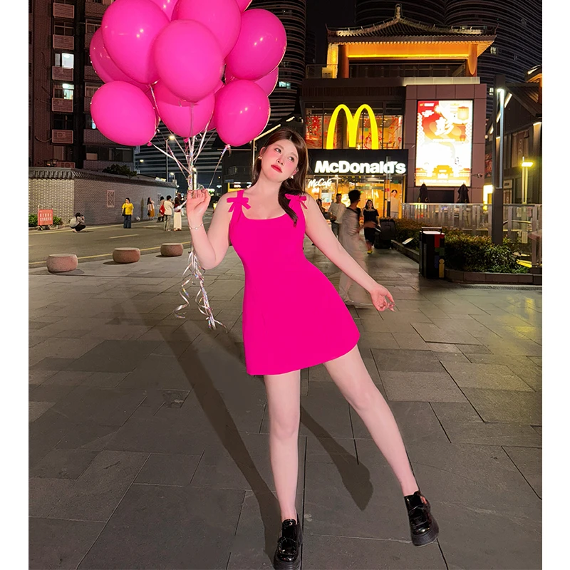 DMcc【弗洛伊德少女】玫红色法式千金黑色短裙蝴蝶结伞摆连衣裙女夏