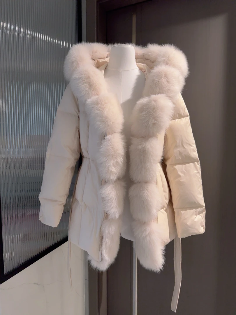 蜜桃粉 狐狸毛领羽绒服女冬季新款收腰鸭绒服保暖外套