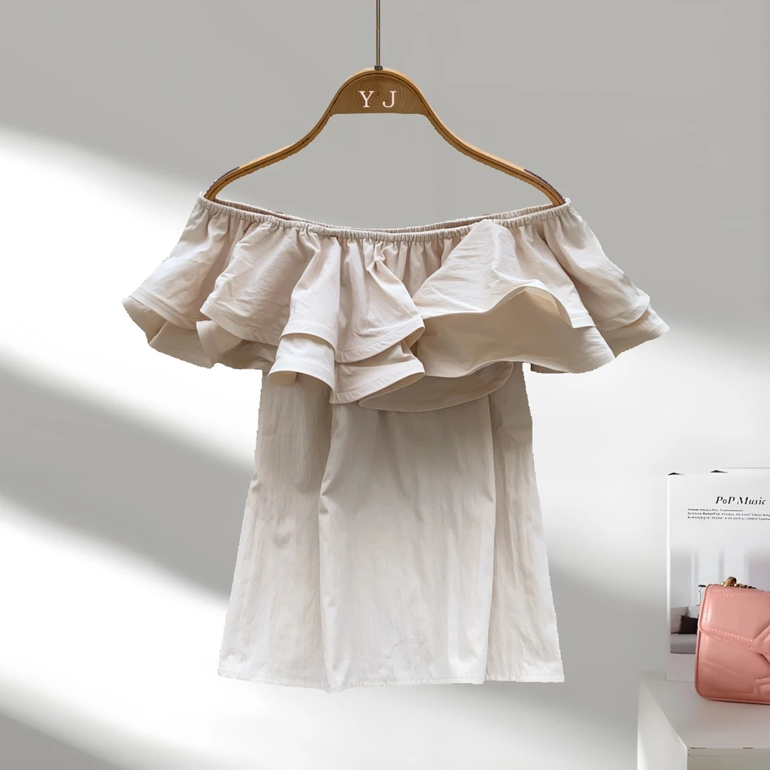 法式一字肩荷叶边拼接衬衫女夏季温柔风气质甜美露肩上衣品质女装