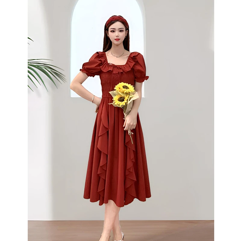 ASY/2025夏季方领连衣裙小个子宽松连衣裙荷叶边绑带高腰显瘦裙