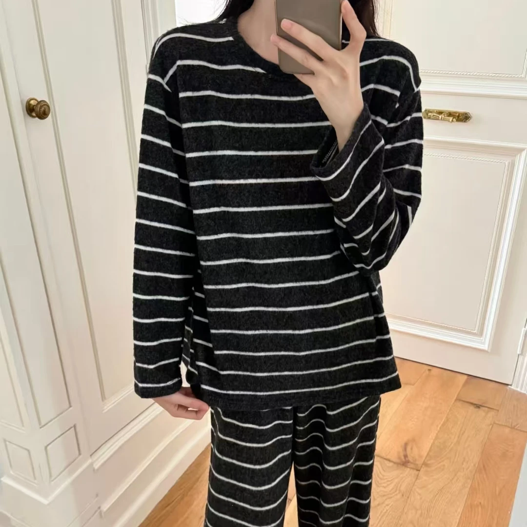 圆领黑白条纹德绒加绒加厚睡衣秋冬季女爆款2025新款长袖裤家居服