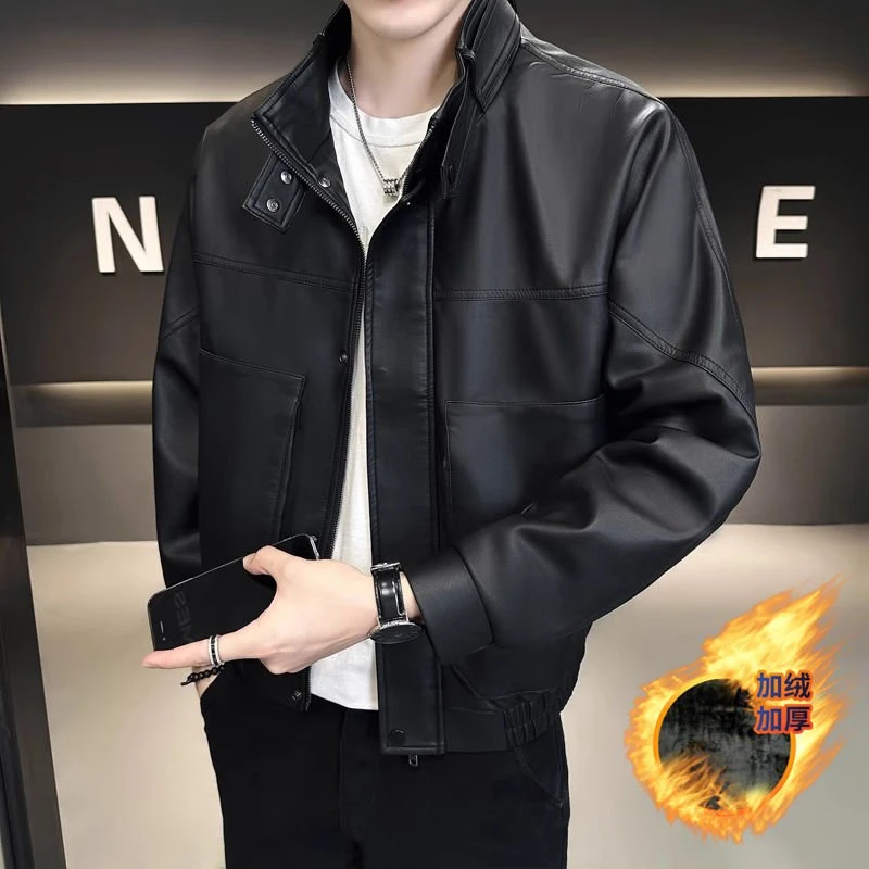 PinkAvril皮夹克外套男款潮流冬季加绒加厚痞帅感秋冬款皮衣