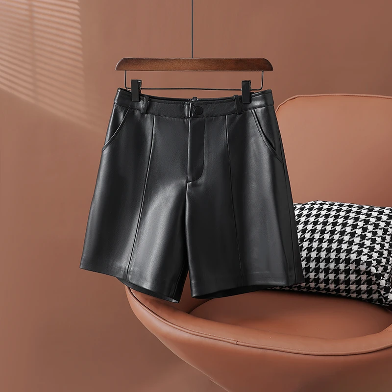 【洋洋】海宁真皮皮裤女五分裤时尚百搭中裤直筒裤西裤短裤