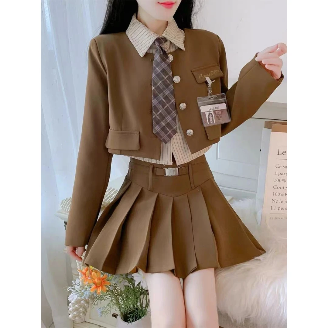 韩系学院风套装裙早春短款西装外套衬衫高腰百褶半身裙三件套装