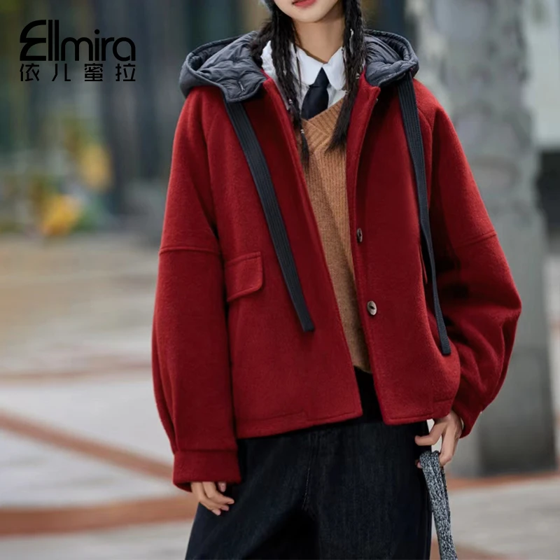 【大童】8857短款外套呢大衣连帽上衣加棉加厚红色拜年服