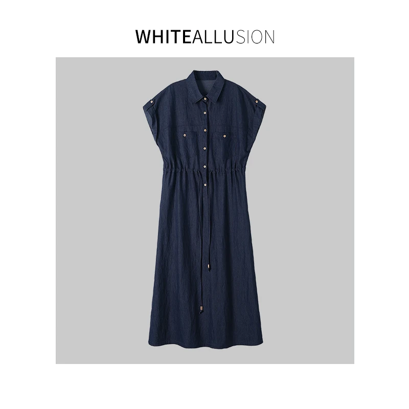素典【丹宁时代】复古做旧蓝色丹宁休闲收腰中长连衣裙4563