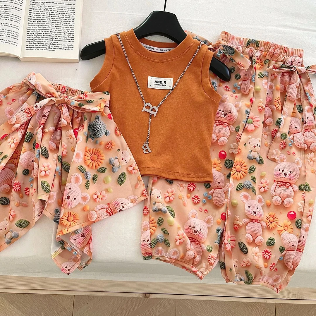 新款2025女童夏天套装高级儿童立体卡通小熊女孩时尚洋气三件套潮
