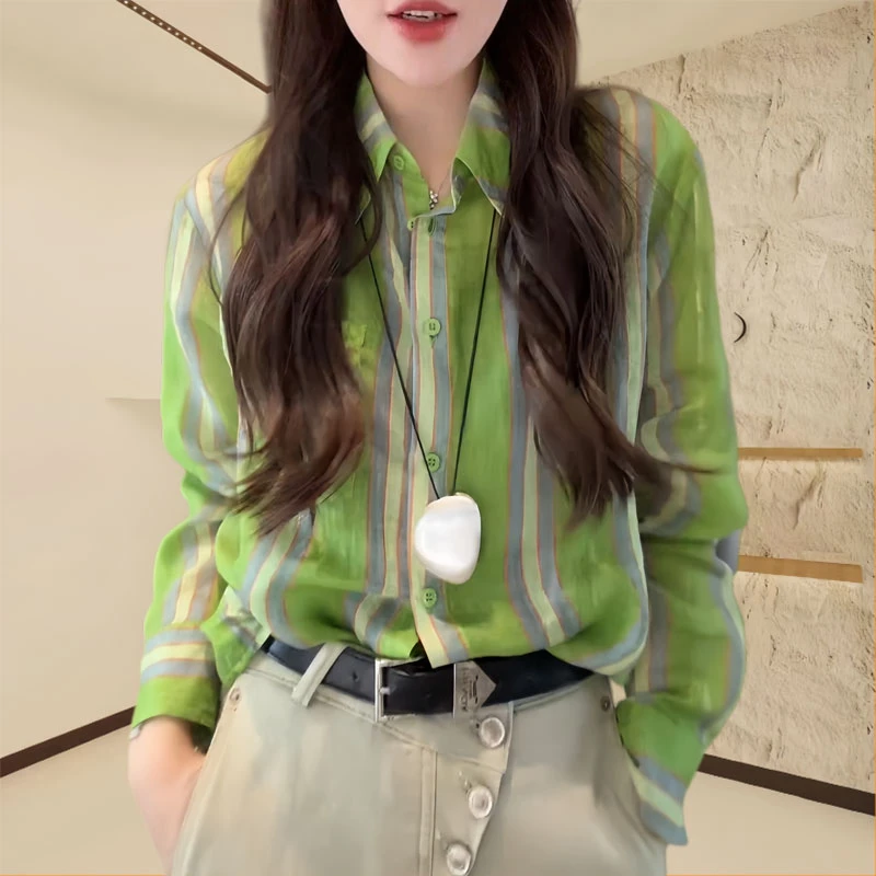 2025春夏季新款绿色衬衫时尚百搭休闲显瘦条纹设计感衬衣气质女士