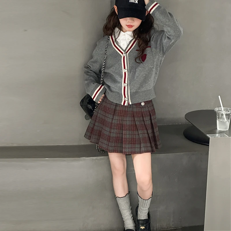 女童秋装百褶裙套装2025新款女孩洋气时髦开衫毛衣儿童学院风穿搭