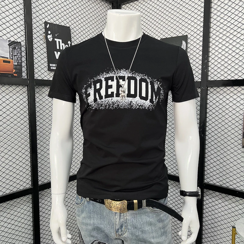 2025早春新款男士短袖t恤男丝光棉潮流个性T印花欧美风修身打底衫