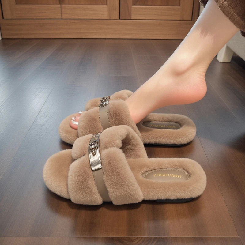 【兔毛绒】小香风毛毛拖鞋女秋冬新款外穿平软底法式绝美孕妇棉拖