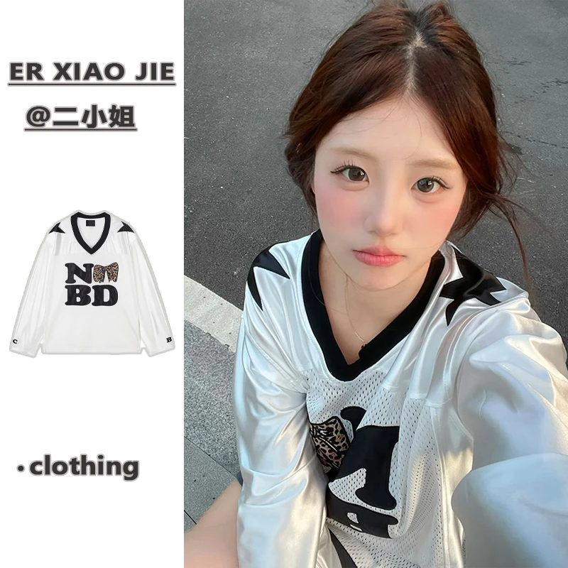 美式辣妹运动网球服女上衣宽松早秋v领设计感透气网眼防晒长袖t恤