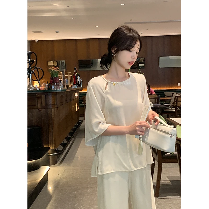邹邹小个子新品 新中式蚕丝丝绒上衣女夏季气质温柔风设计感衬衣
