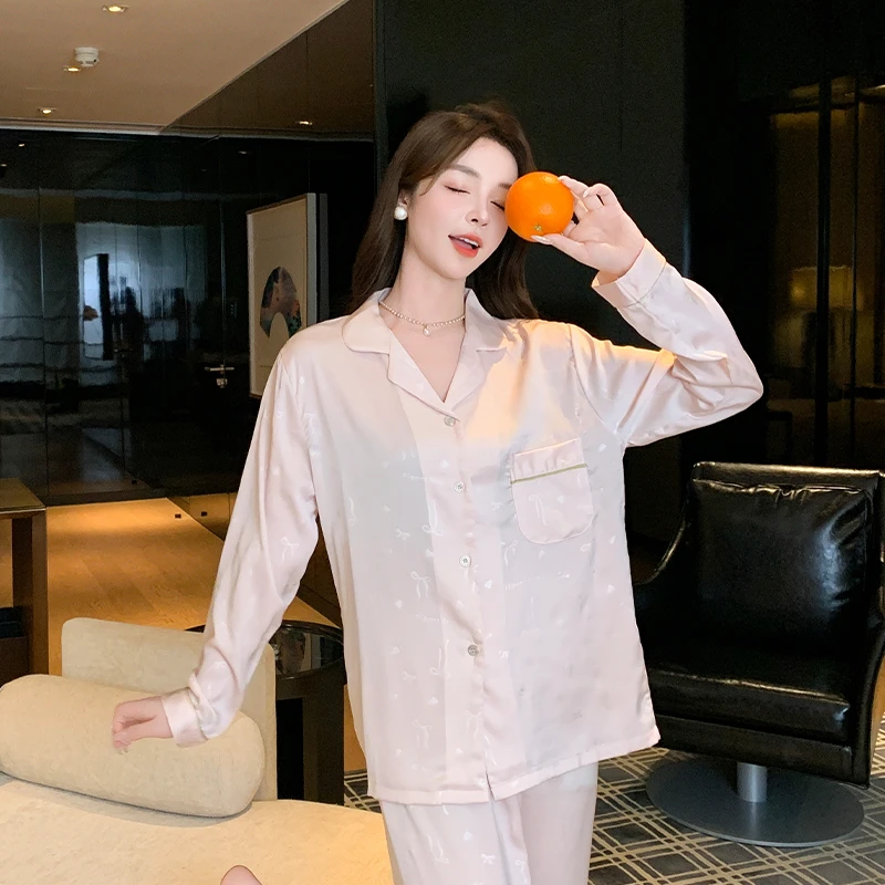 高级感长袖冰雪丝春季新款蝴蝶结睡衣女款可外穿薄款家居服套装